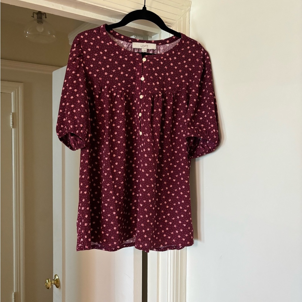 LOFT Burgundy Puff Sleeve Blouse